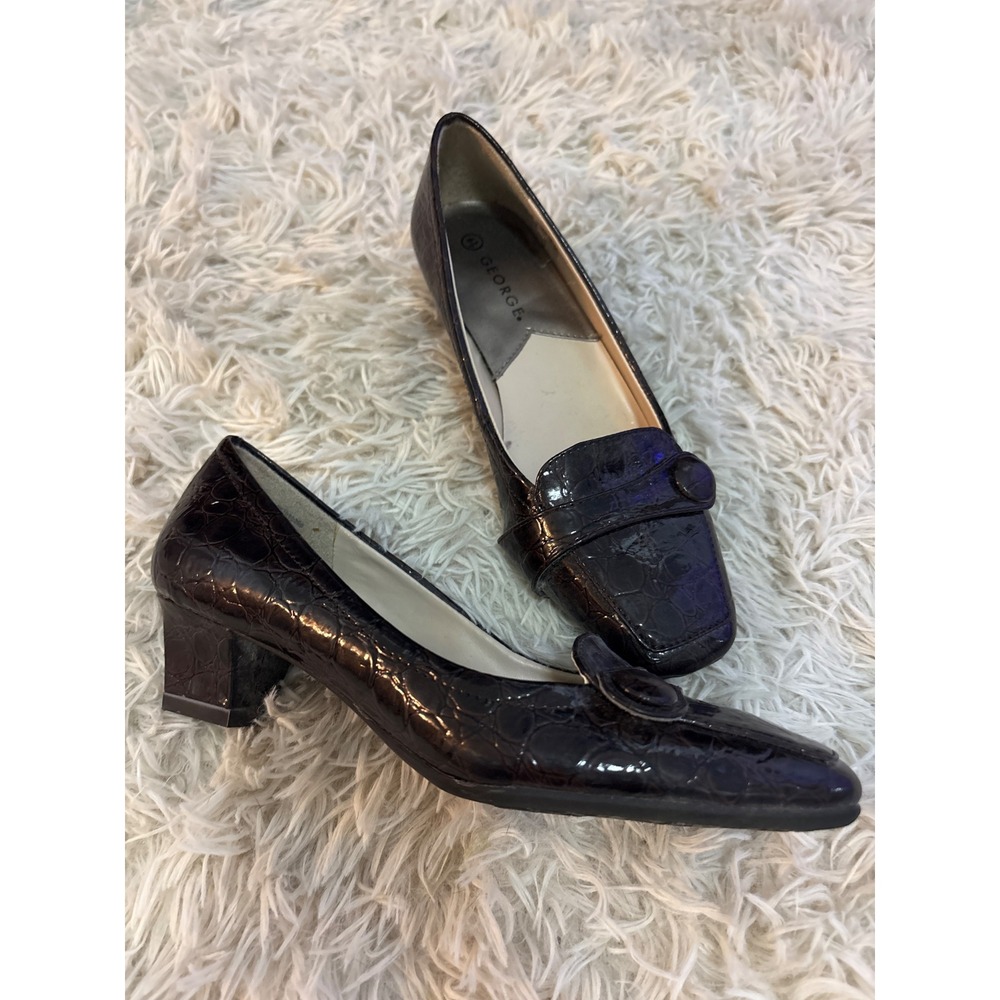 George Womens Dark Brown Patent‎ Croc Embossed Block Heel Loafer Shoes Size 6.5